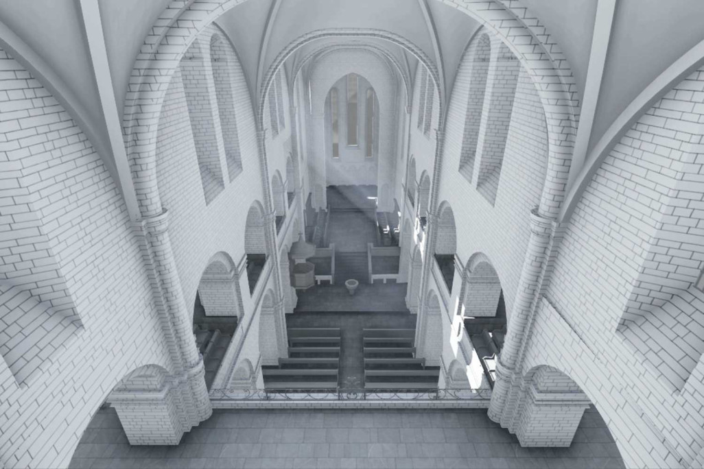 Animation vidéo Grossmünster, histoire de la construction, intérieur de l'église, HMQ AG