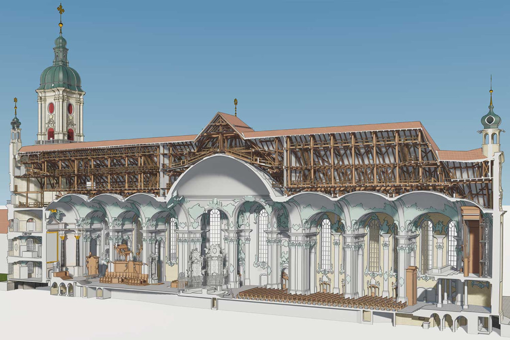 Saint-Gall SG, cathédrale et quartier de l'abbaye, modélisation 3D du bâtiment, HMQ AG