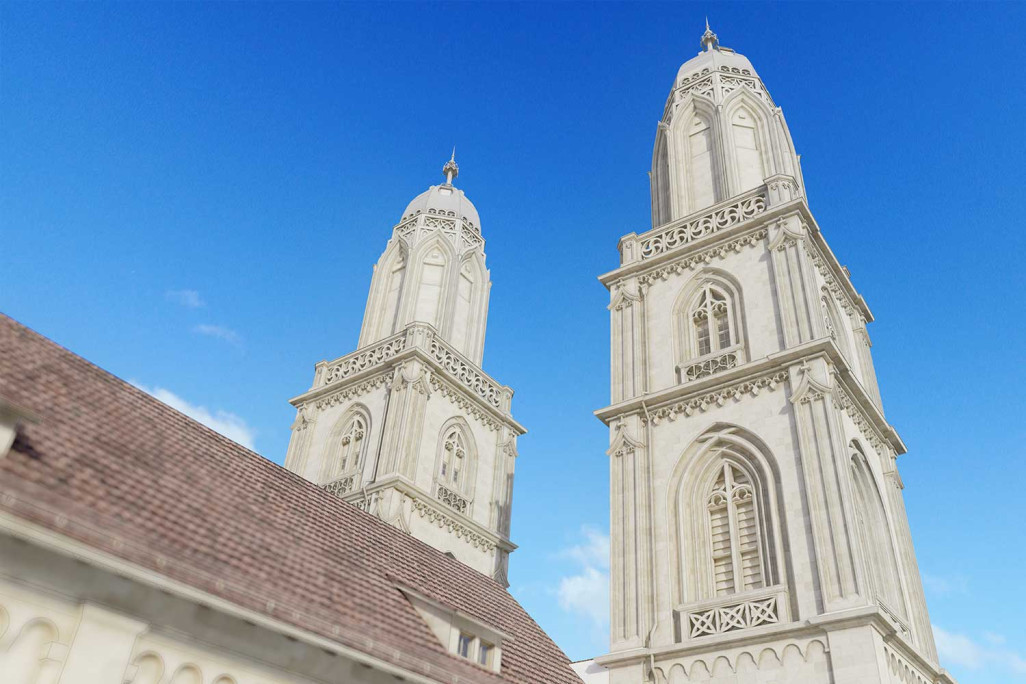 Zurich (ZH), Grossmünster, modèle 3D issu d'un relevé du bâtiment, HMQ AG