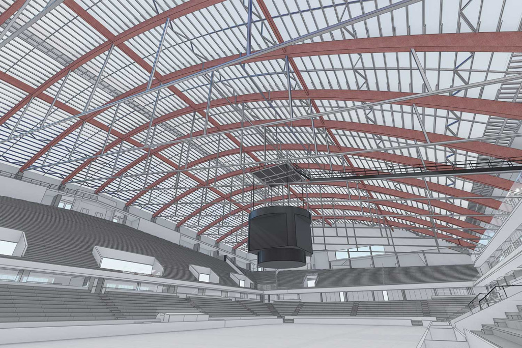 Berne, PostFinance Arena, modèle 3D réalisé à partir de relevés du bâtiment, HMQ AG