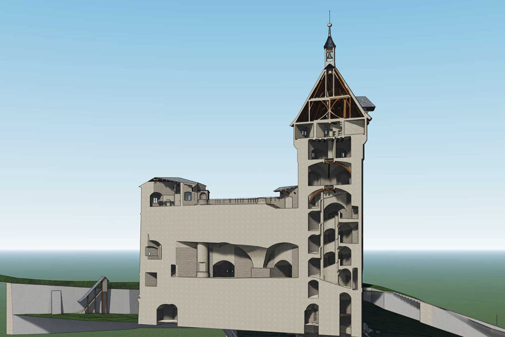 Munot Schaffhouse, modèle 3D en coupe issu d'un relevé du bâtiment, HMQ AG