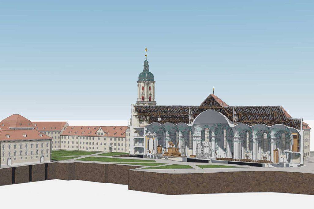 District de l'abbaye de Saint-Gall, modèle 3D en coupe longitudinale de la cathédrale du district de l'abbaye, HMQ AG
