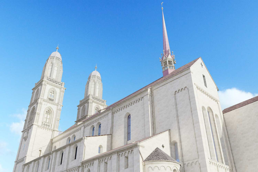 Grossmünster à Zurich, modèle 3D réalisé à partir d'un relevé du bâtiment, HMQ AG
