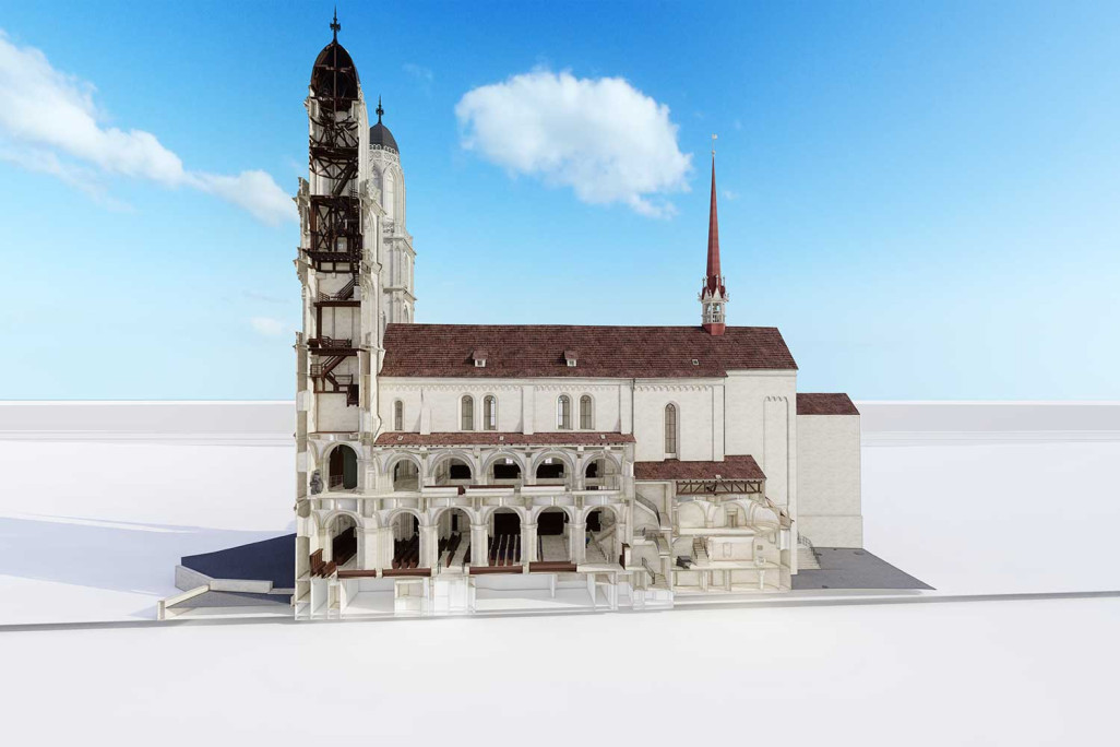Grossmünster à Zurich, coupe longitudinale réalisée à partir d'un modèle 3D servant de base à la planification, HMQ AG