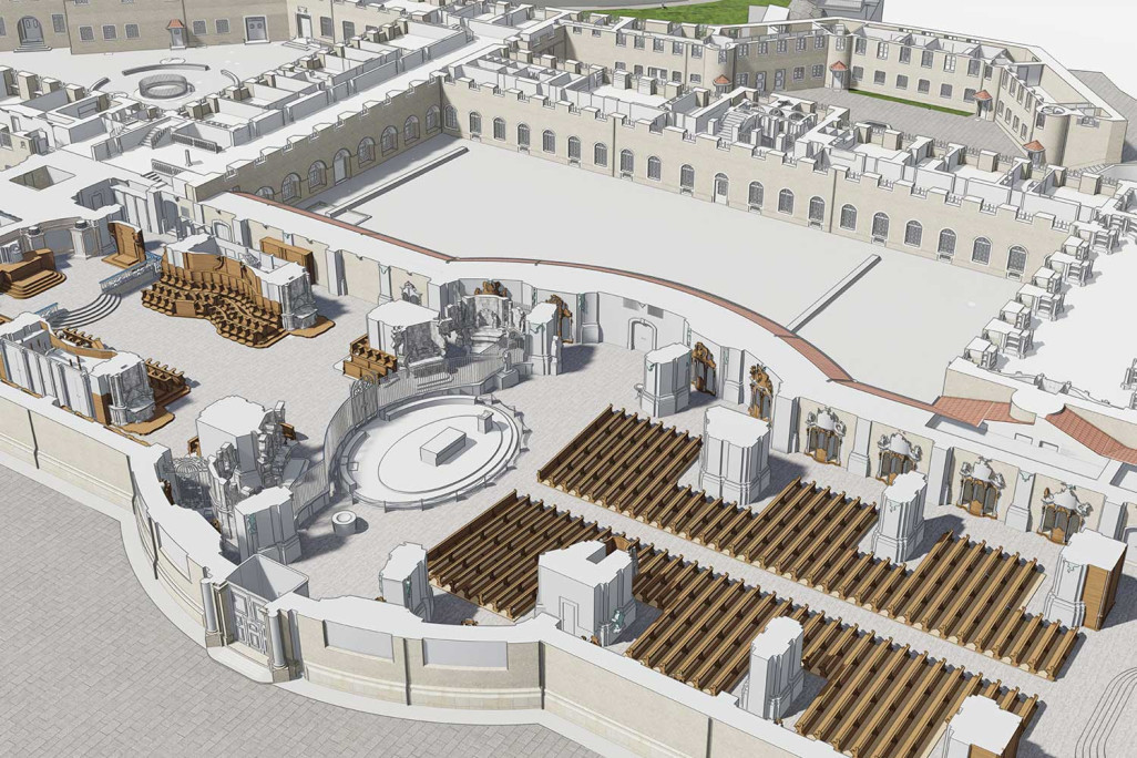 Saint-Gall, plan en 3D du quartier de l'abbaye, de la cathédrale et de la cour du monastère, réalisé à partir d'un relevé architectural, HMQ AG