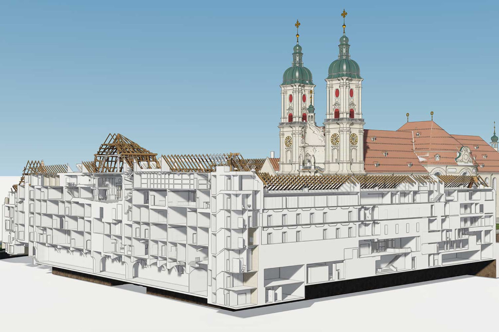 Saint-Gall, modèle 3D en coupe du quartier de l'abbaye, réalisé à partir d'un relevé de bâtiments, HMQ AG