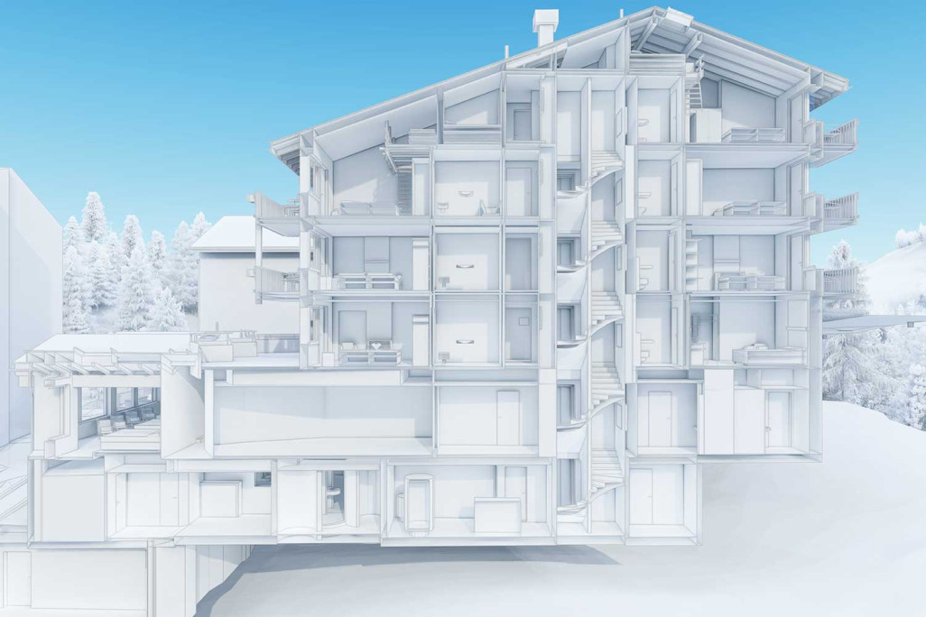 Saas Fee (VS), Hôtel Europa, coupe 3D réalisée à partir d'un relevé du bâtiment, HMQ AG