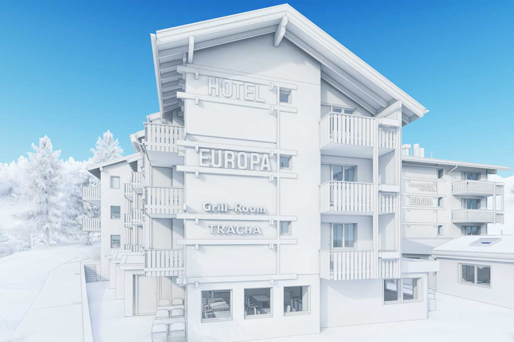 Saas Fee (VS), Hôtel Europa, modélisation 3D, HMQ AG