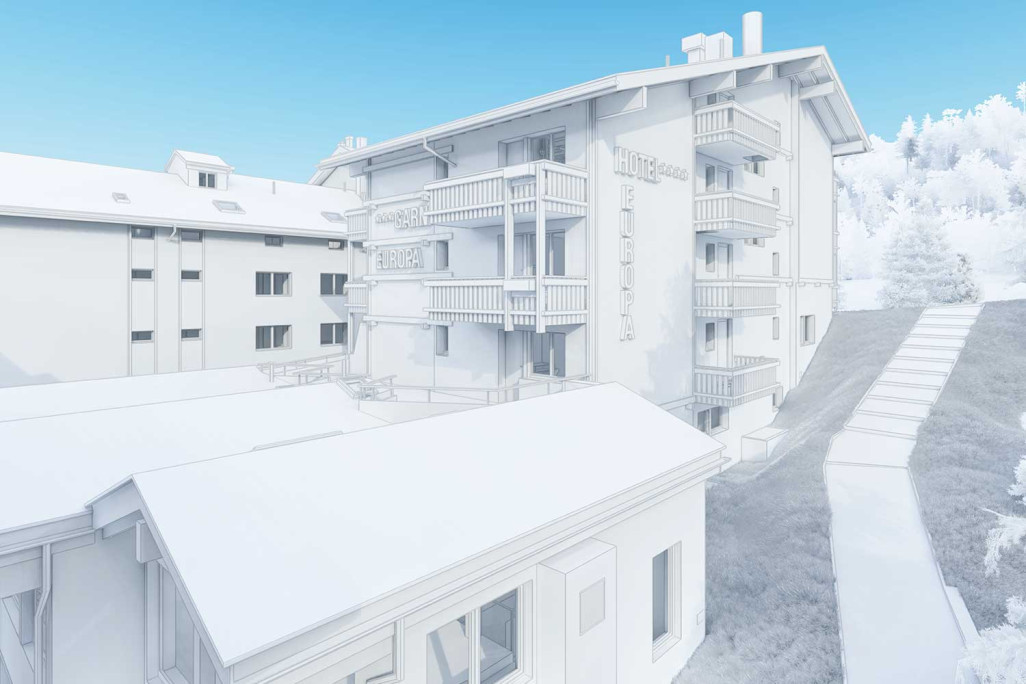 Saas Fee (VS), Hôtel Europa, modèle 3D de la façade issu d'un relevé du bâtiment, HMQ AG